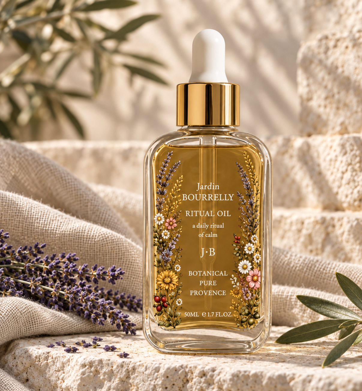 Jardin Bourrelly Ritual Oil with the final botanical illustrations